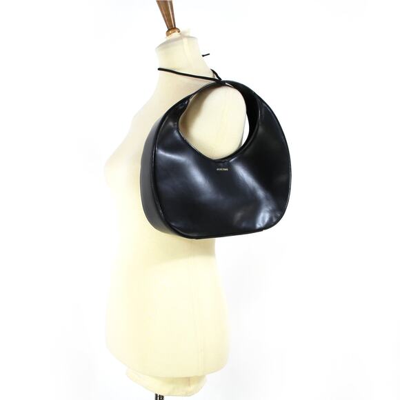 Anine Bing Luna Soft Smooth Black Leather Shoulder Handbag Gold Logo Croissant - Picture 2 of 8